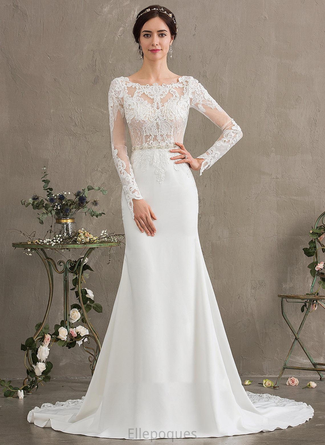 Trumpet/Mermaid Wedding Lace With Train Beading Chapel Dress Anabelle Stretch Crepe Sequins Scoop Wedding Dresses Neck