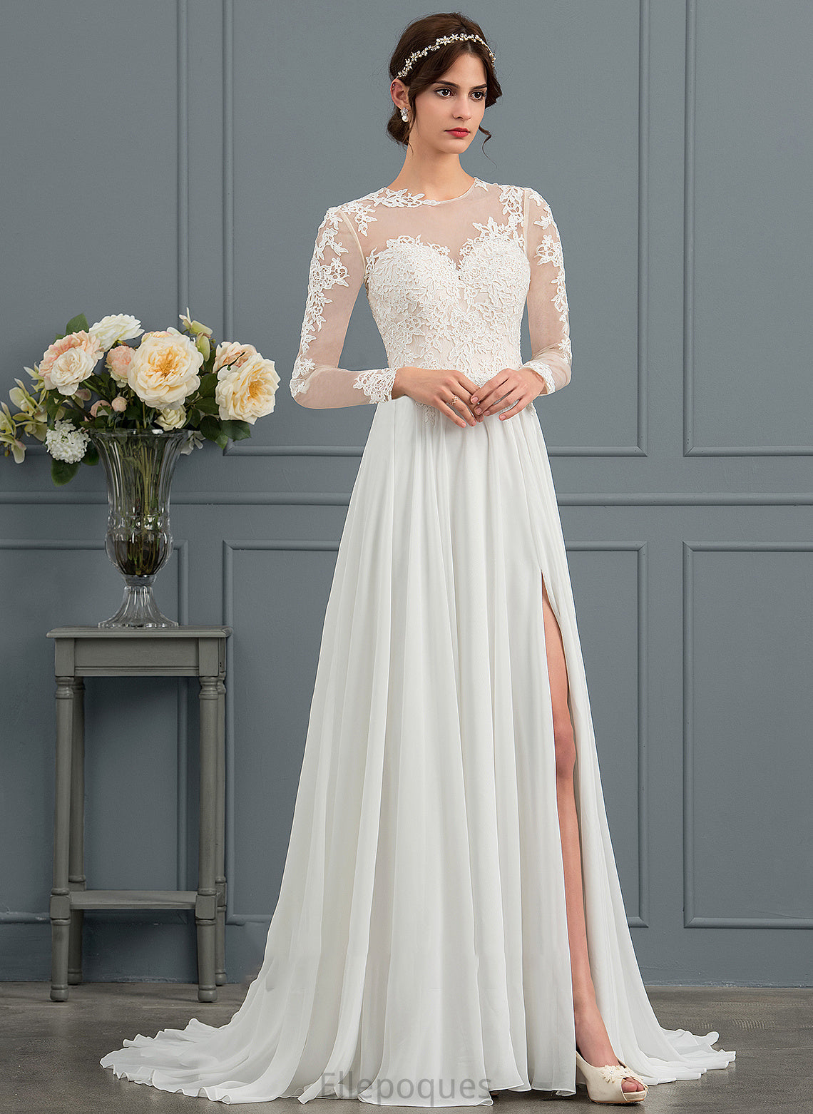 Wedding Dresses Sweep A-Line Train Illusion Appliques Harley Chiffon With Split Dress Wedding Front Lace