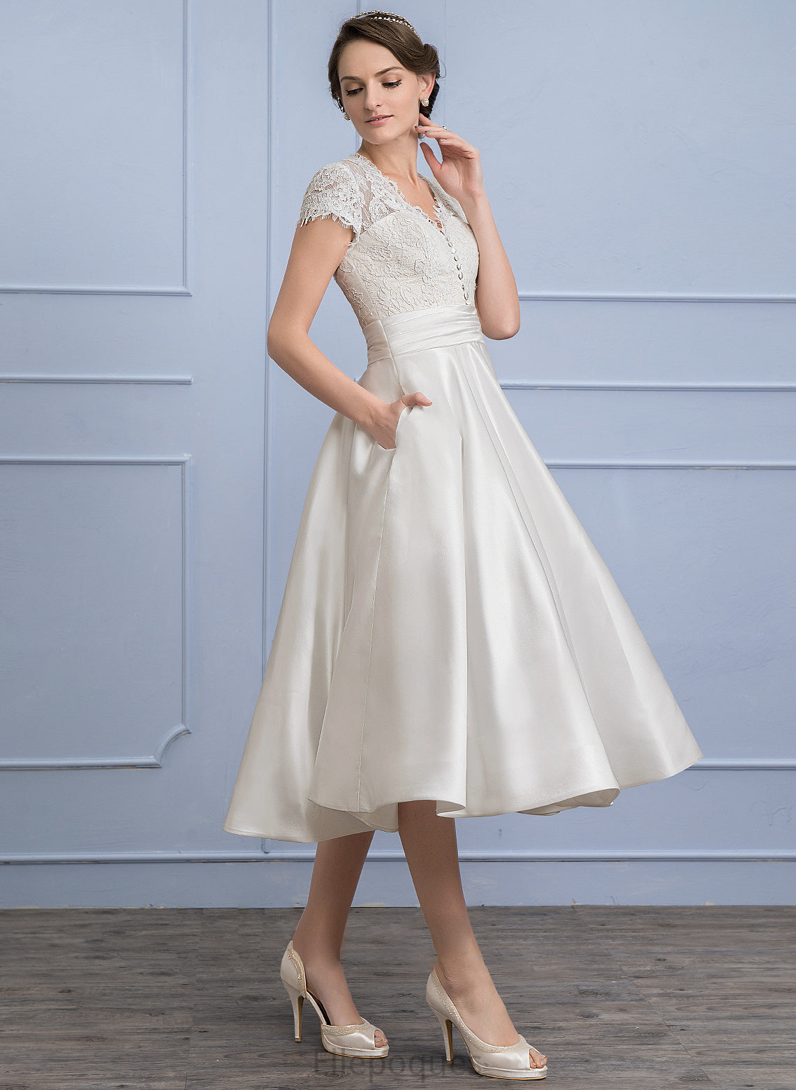 Satin Ruffle Wedding Dresses Tea-Length With Juliana Wedding Pockets V-neck A-Line Dress