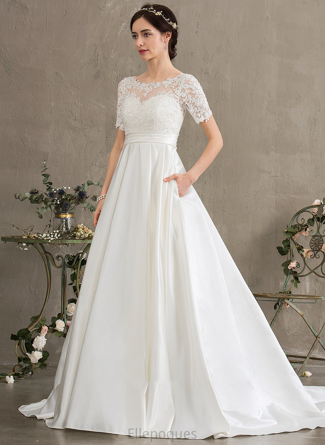 Ball-Gown/Princess Court Scoop Train Wedding Dresses Elsa Dress Sequins Pockets Beading Neck With Wedding Satin