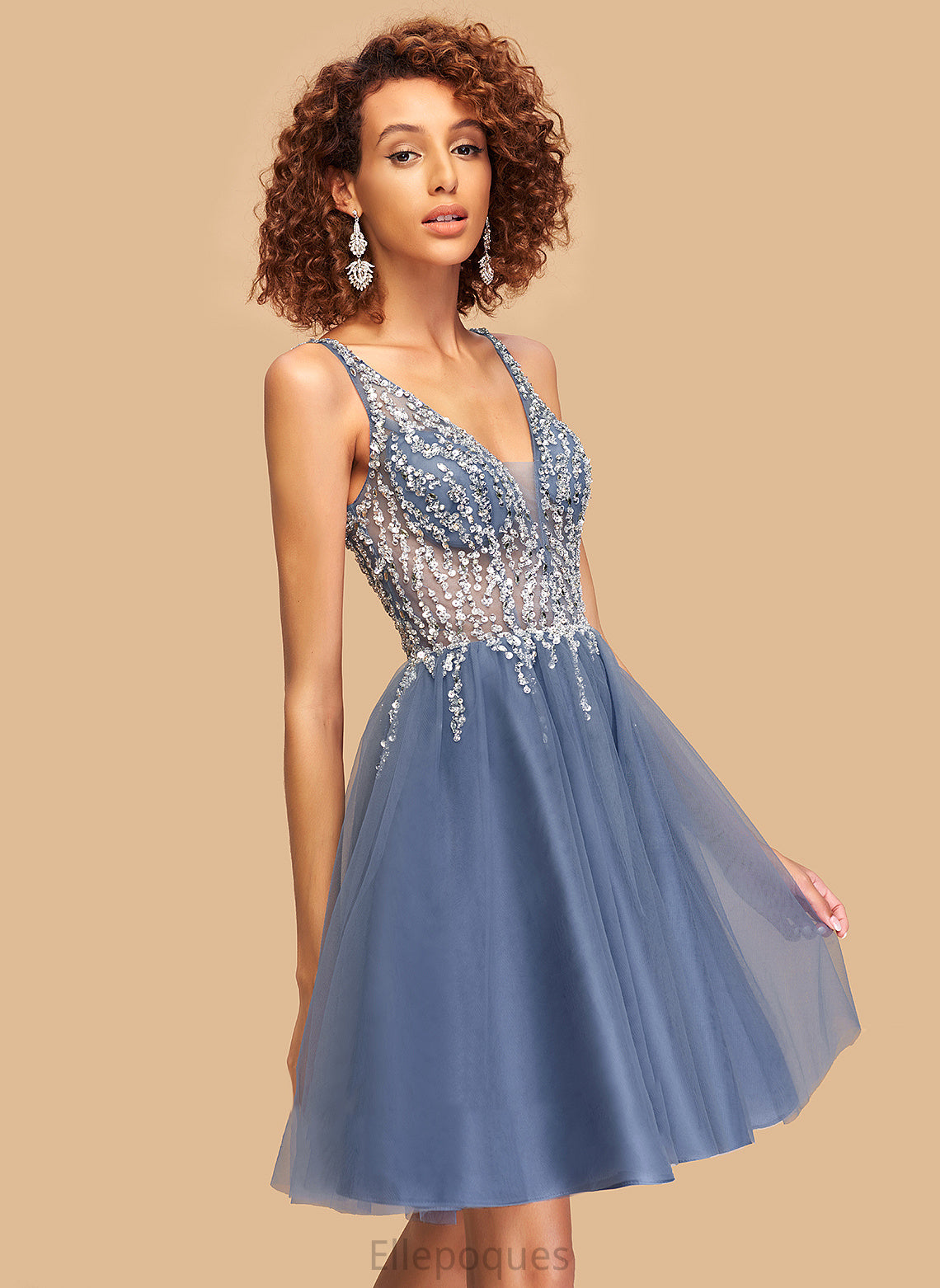 Homecoming Dresses V-neck Sequins With Cecelia Beading Short/Mini Dress Tulle Homecoming A-Line