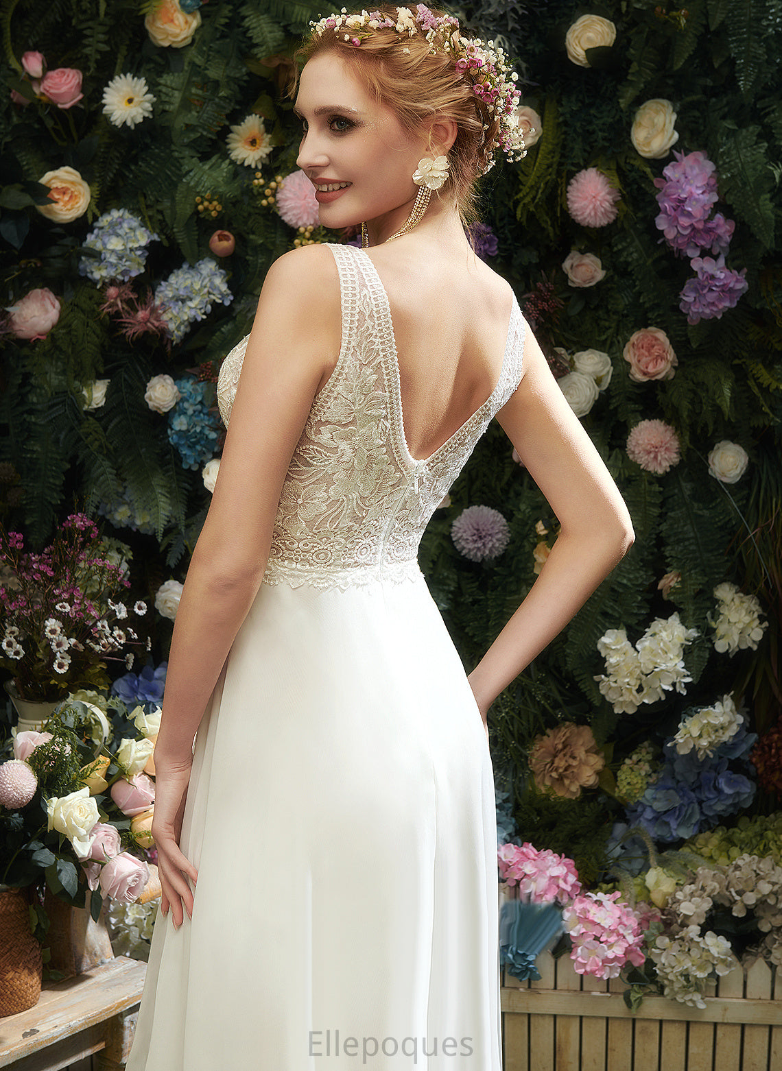 Wedding Dresses Chiffon With Lace Dress Front A-Line Sequins V-neck Maddison Wedding Split Floor-Length