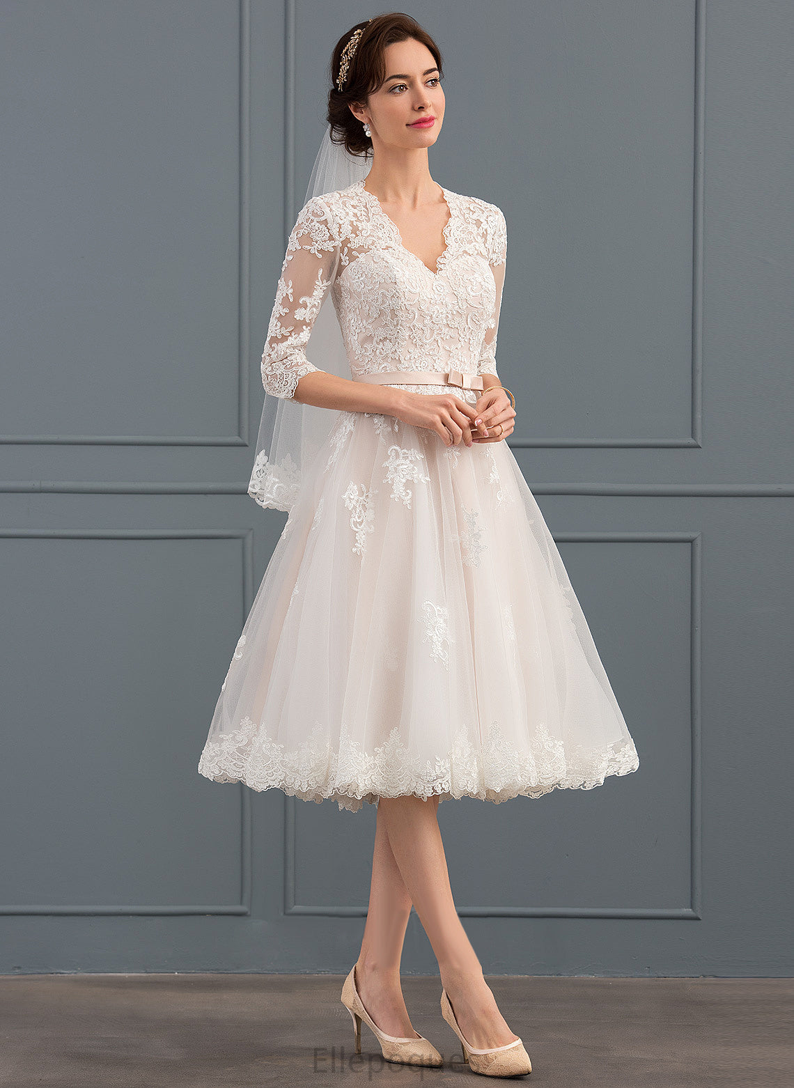 With Lace Wedding Bow(s) Wedding Dresses Mina A-Line Dress V-neck Tulle Knee-Length