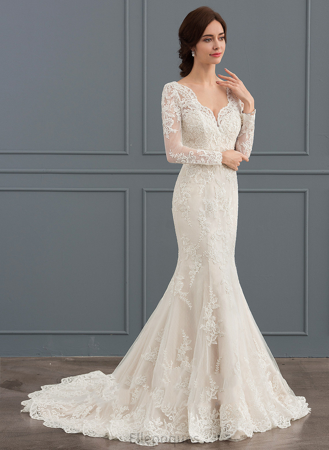 V-neck Lace With Wedding Dresses Sandra Court Tulle Trumpet/Mermaid Dress Beading Wedding Train