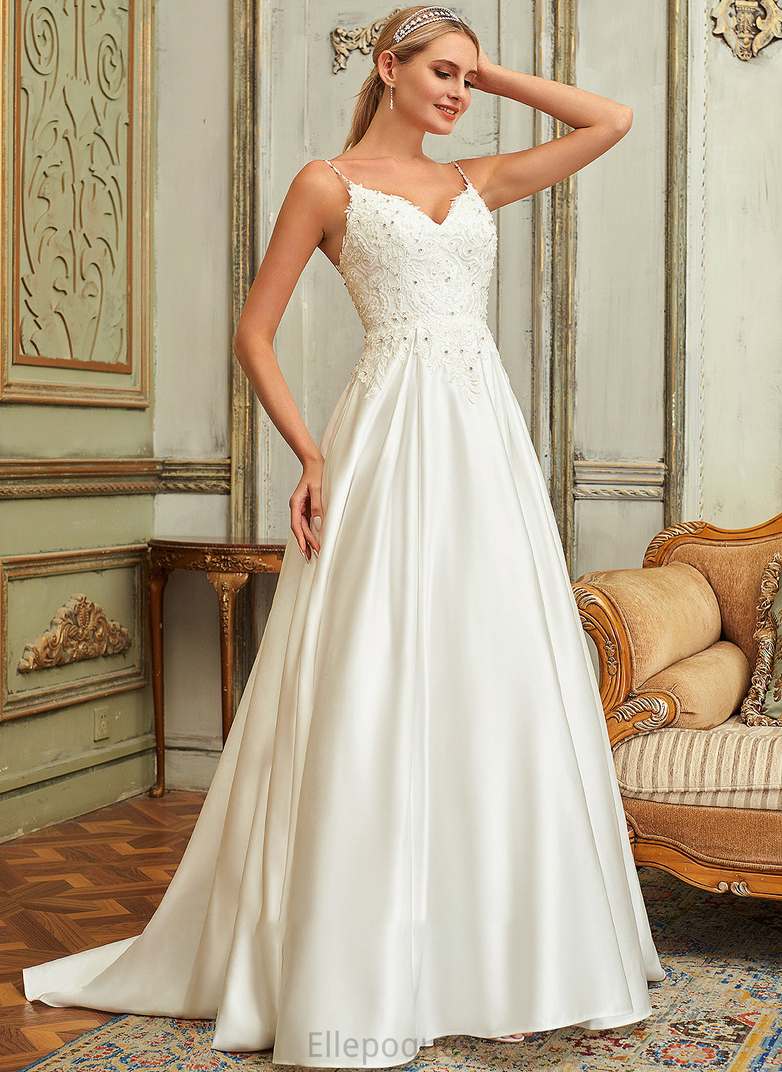 Jacquelyn Satin Beading Ball-Gown/Princess Train V-neck With Dress Lace Wedding Dresses Sweep Sequins Wedding Pockets Lace