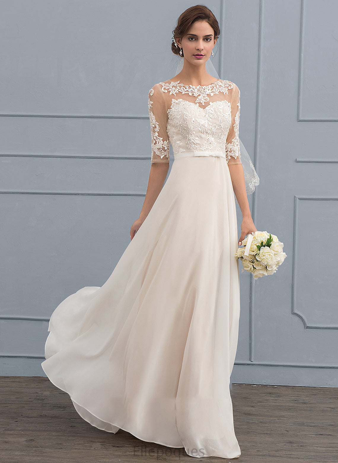 Floor-Length Beading Sequins With A-Line Chiffon Wedding Illusion Bow(s) Brenna Wedding Dresses Dress