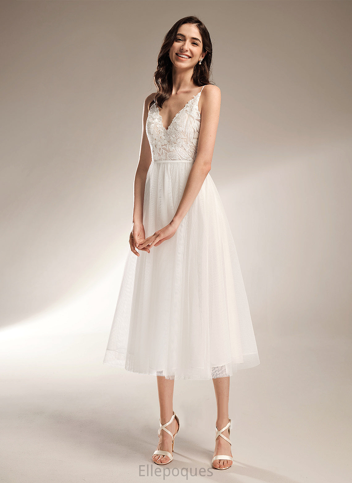 Tea-Length Joslyn Wedding Dress A-Line Wedding Dresses V-neck