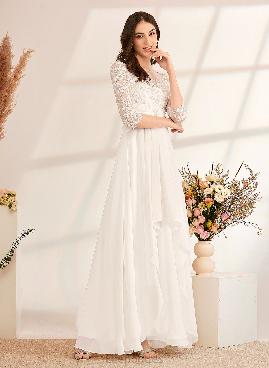 Wedding A-Line Aubrie Lace Floor-Length Ruffle Dress Chiffon Illusion Wedding Dresses With Beading