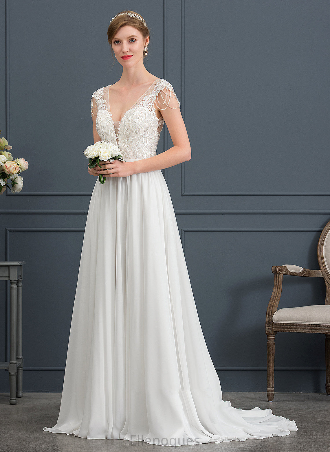 A-Line Wedding Dresses With Wedding Dress Train Beading Sweep Sequins Skyla Chiffon V-neck