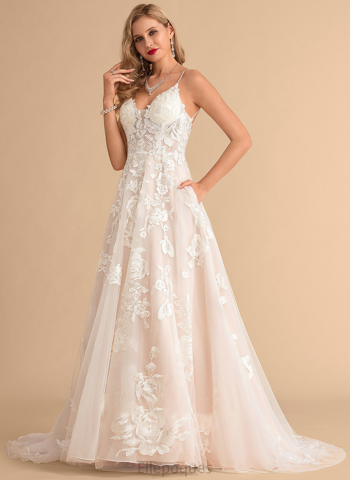 Train Court Wedding With V-neck Wedding Dresses Tulle Beading Kayley Dress Lace Pockets Ball-Gown/Princess