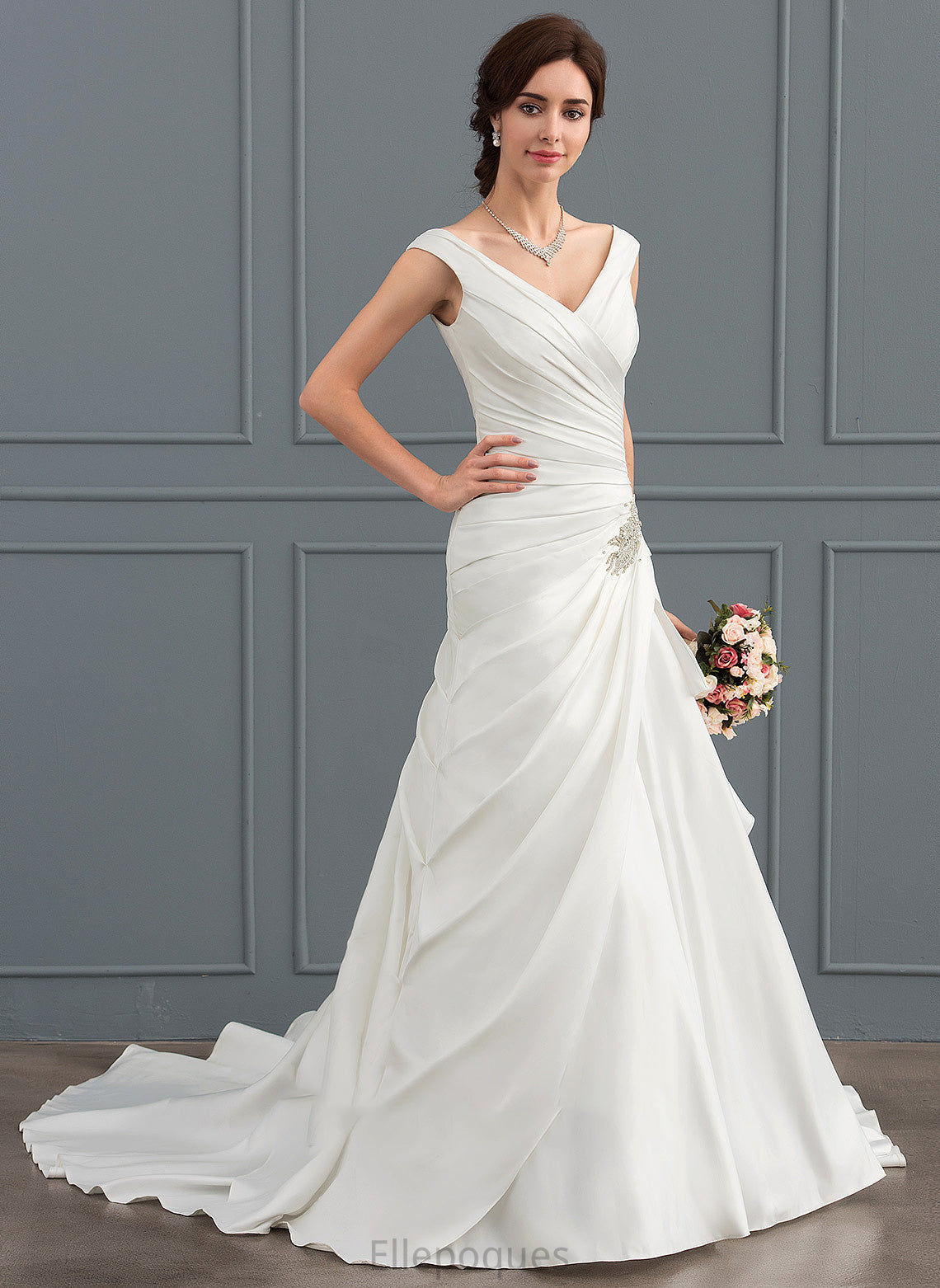 Aniyah A-Line Wedding Dresses With Beading Court V-neck Train Wedding Satin Dress