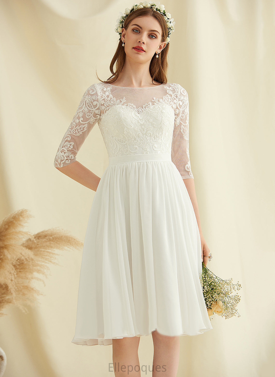 Knee-Length Dress Wedding With Lace A-Line Chiffon Sequins Wedding Dresses Cherish Scoop Neck