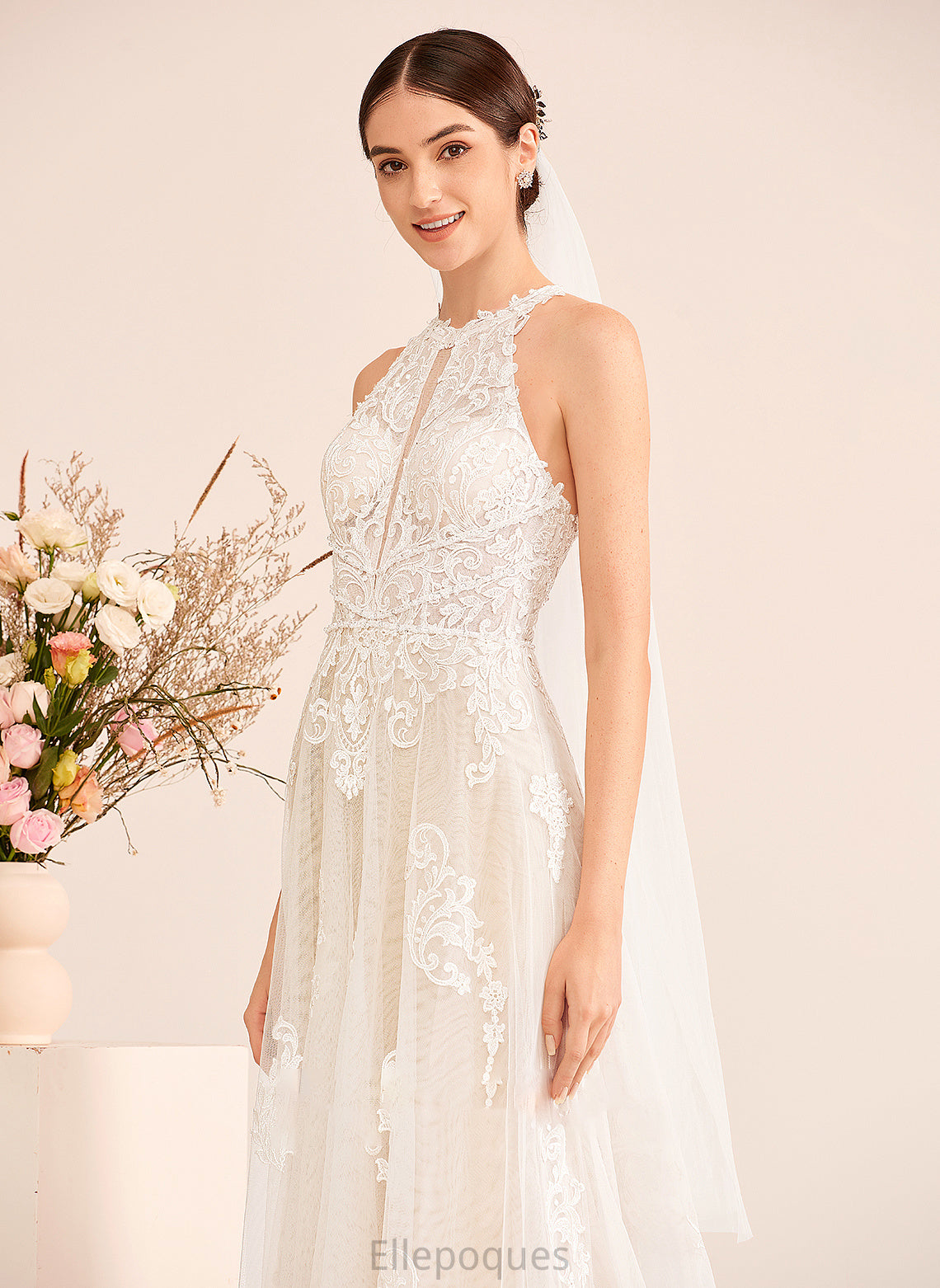 Neck Wedding Dresses Beading A-Line High Dress Train Lucy Wedding With Court