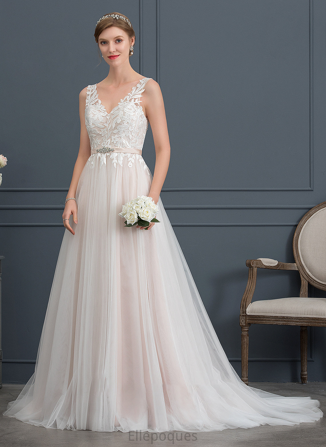 Willa Beading Tulle Wedding A-Line Train With V-neck Wedding Dresses Dress Court