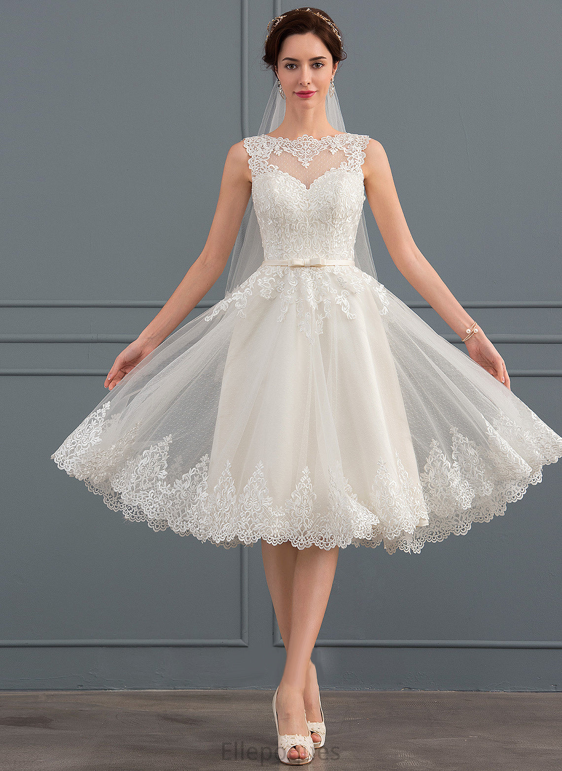 Dress Addyson Lace With Bow(s) Knee-Length Illusion Wedding Tulle Satin A-Line Wedding Dresses