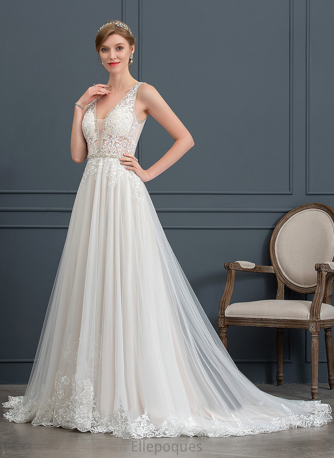 Lace Court Beading V-neck Wedding Dresses Train Tulle Sequins With Ball-Gown/Princess Wedding Dress Kenzie