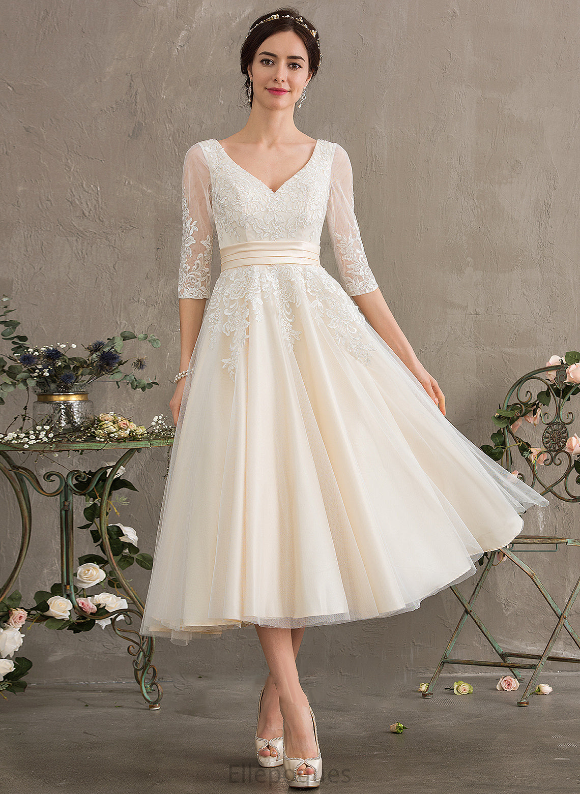 Dress Tulle Tea-Length V-neck Ball-Gown/Princess Cara Wedding Dresses Wedding