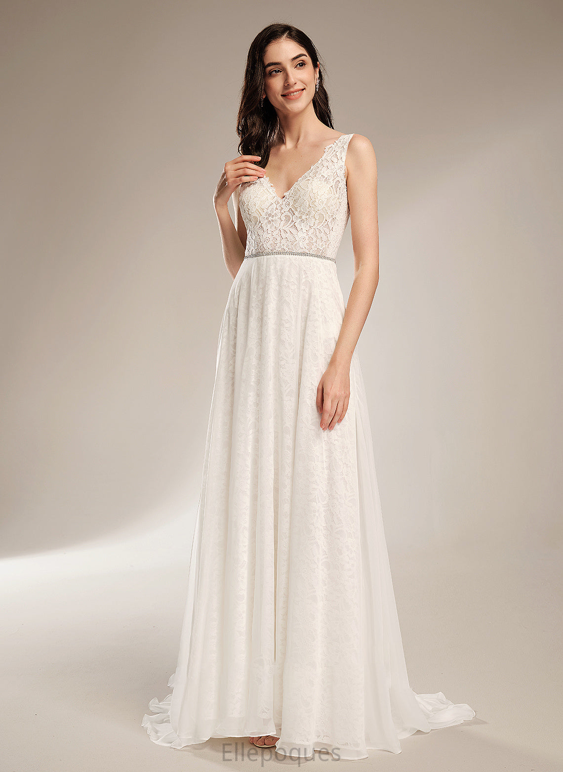 V-neck With Train Beading A-Line Sweep Wedding Teagan Wedding Dresses Dress