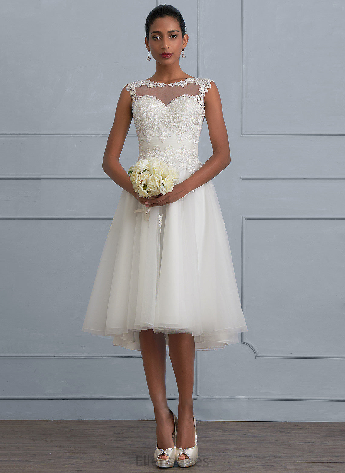 Krystal Tulle Wedding Dresses Illusion A-Line With Ruffle Asymmetrical Wedding Dress