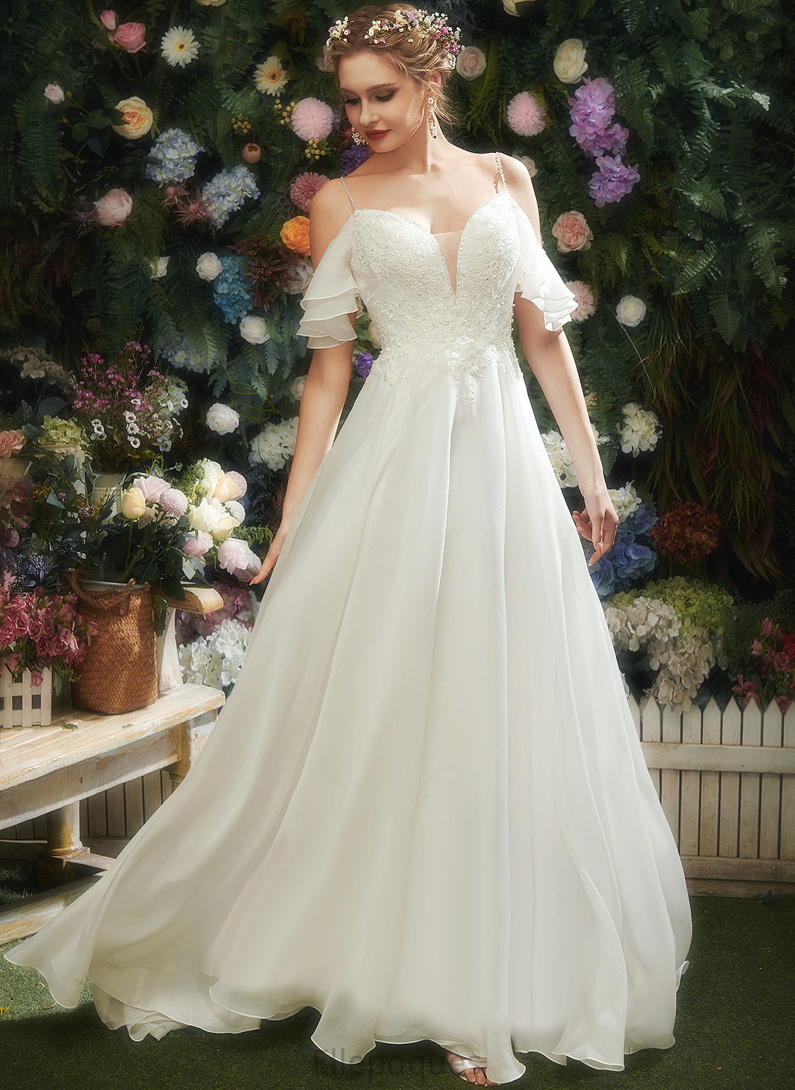 With Dress Wedding Organza Cold Shoulder Train Beading Sequins Court Ruffle Wedding Dresses Melany A-Line