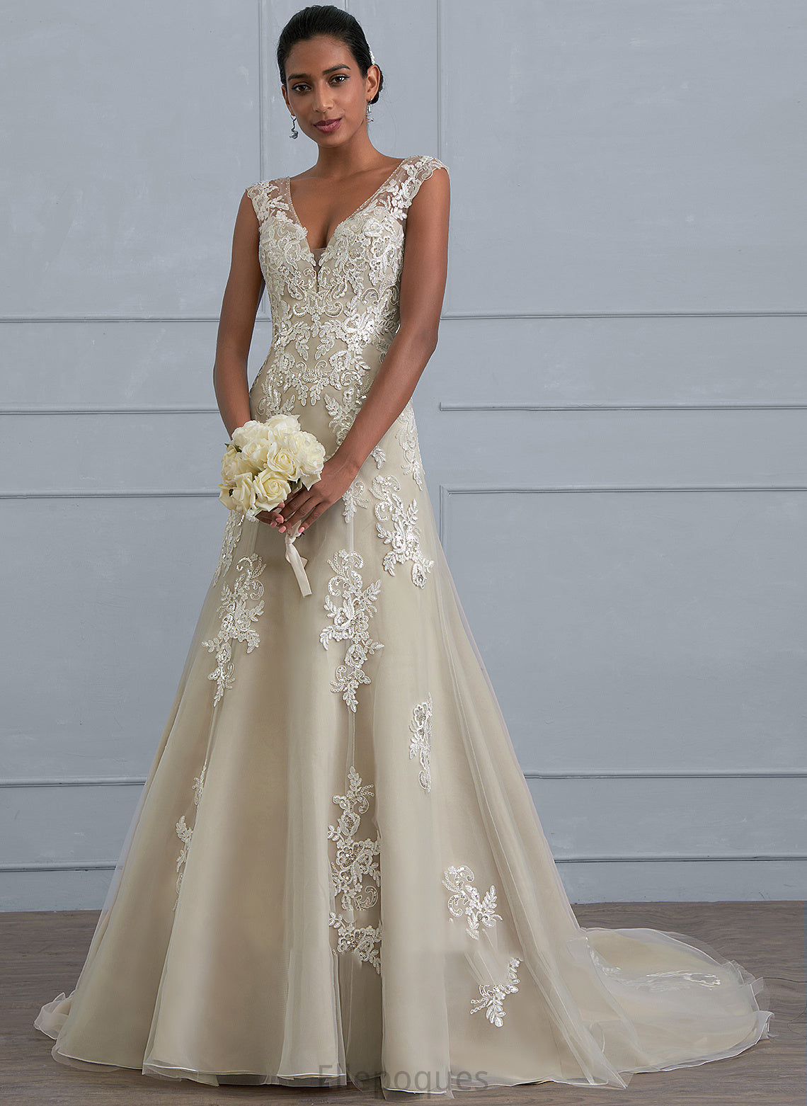 Court Beading Lace Janey Sequins V-neck Tulle Wedding Dress With Train Wedding Dresses A-Line