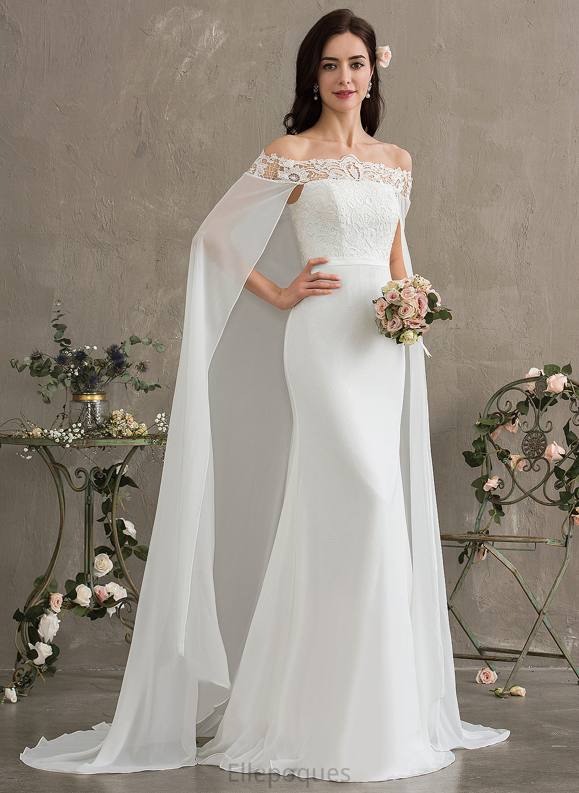 Off-the-Shoulder Lace Court Wedding Chiffon Train Lace Sheath/Column Dress Wedding Dresses With Hadassah