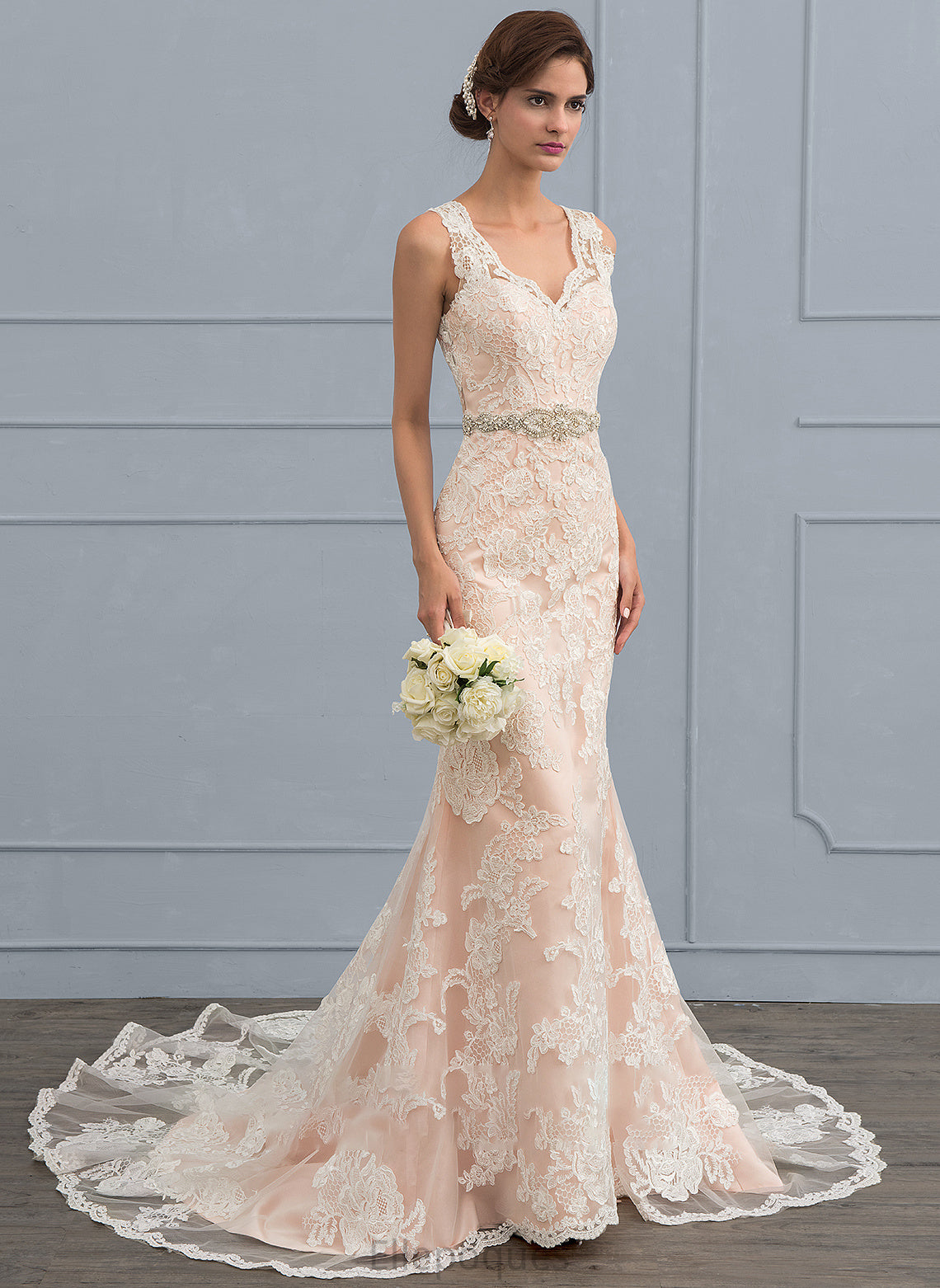 V-neck Lace Trumpet/Mermaid Wedding Dresses Tulle Dress Leyla Train Wedding Beading With Chapel