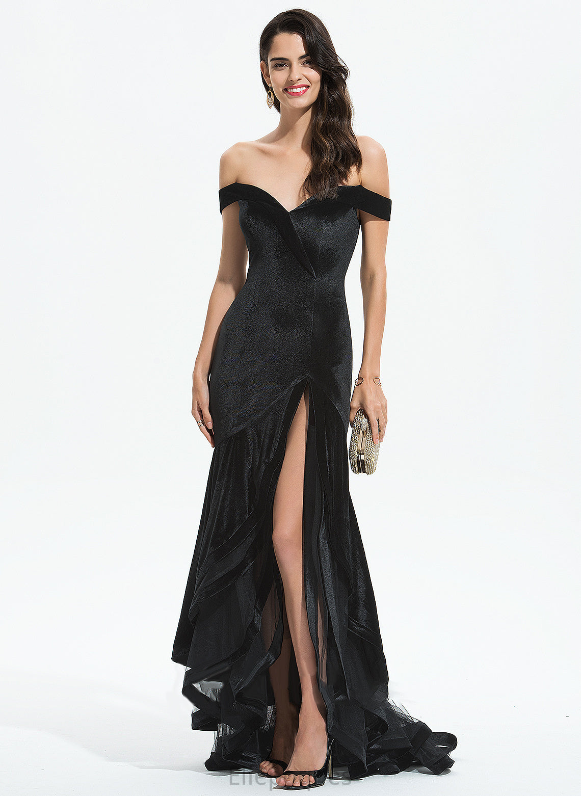 With Ruffles Train Cascading Prom Dresses Trumpet/Mermaid Velvet Off-the-Shoulder Sweep Kayleigh