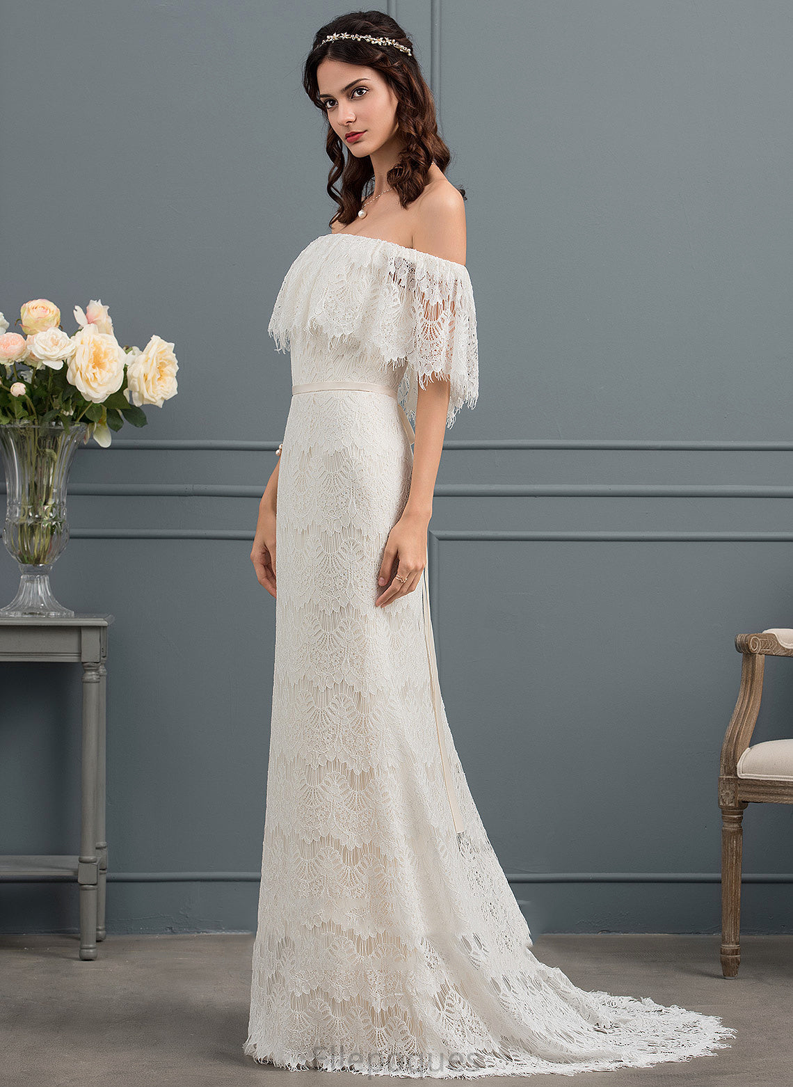 Dress Trumpet/Mermaid Bow(s) Train Wedding With Sweep Wedding Dresses Off-the-Shoulder Sidney Lace