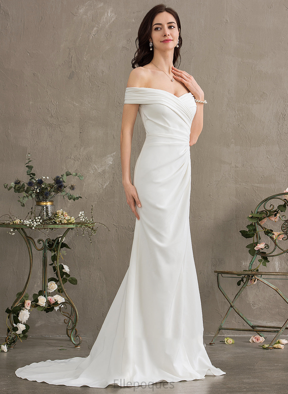 Dress Melinda Off-the-Shoulder Stretch Crepe With Sheath/Column Front Split Wedding Dresses Ruffle Wedding Sweep Train