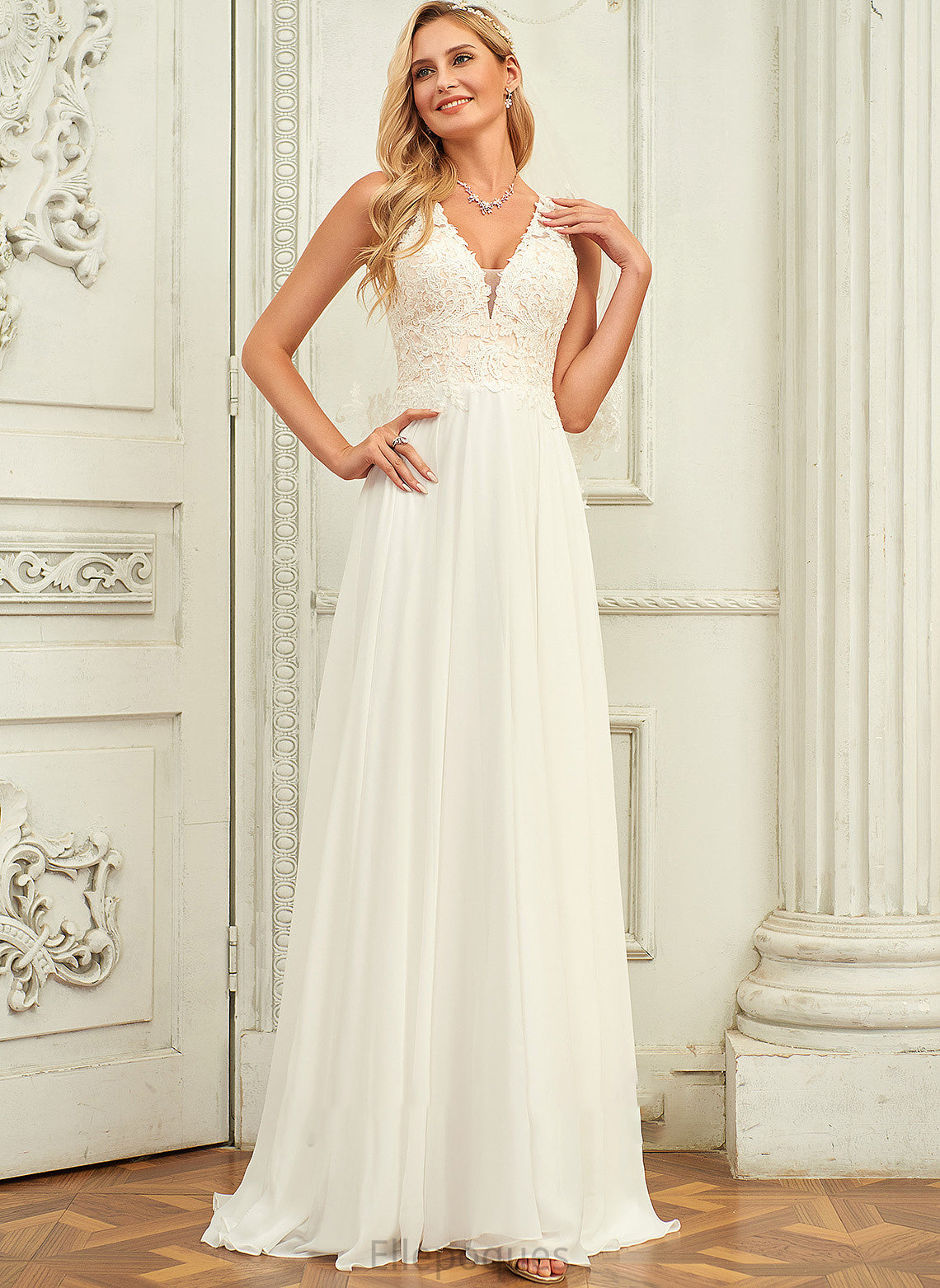 Lace Chiffon Wedding Dresses V-neck Dress Train With Sweep Noemi Lace Wedding A-Line