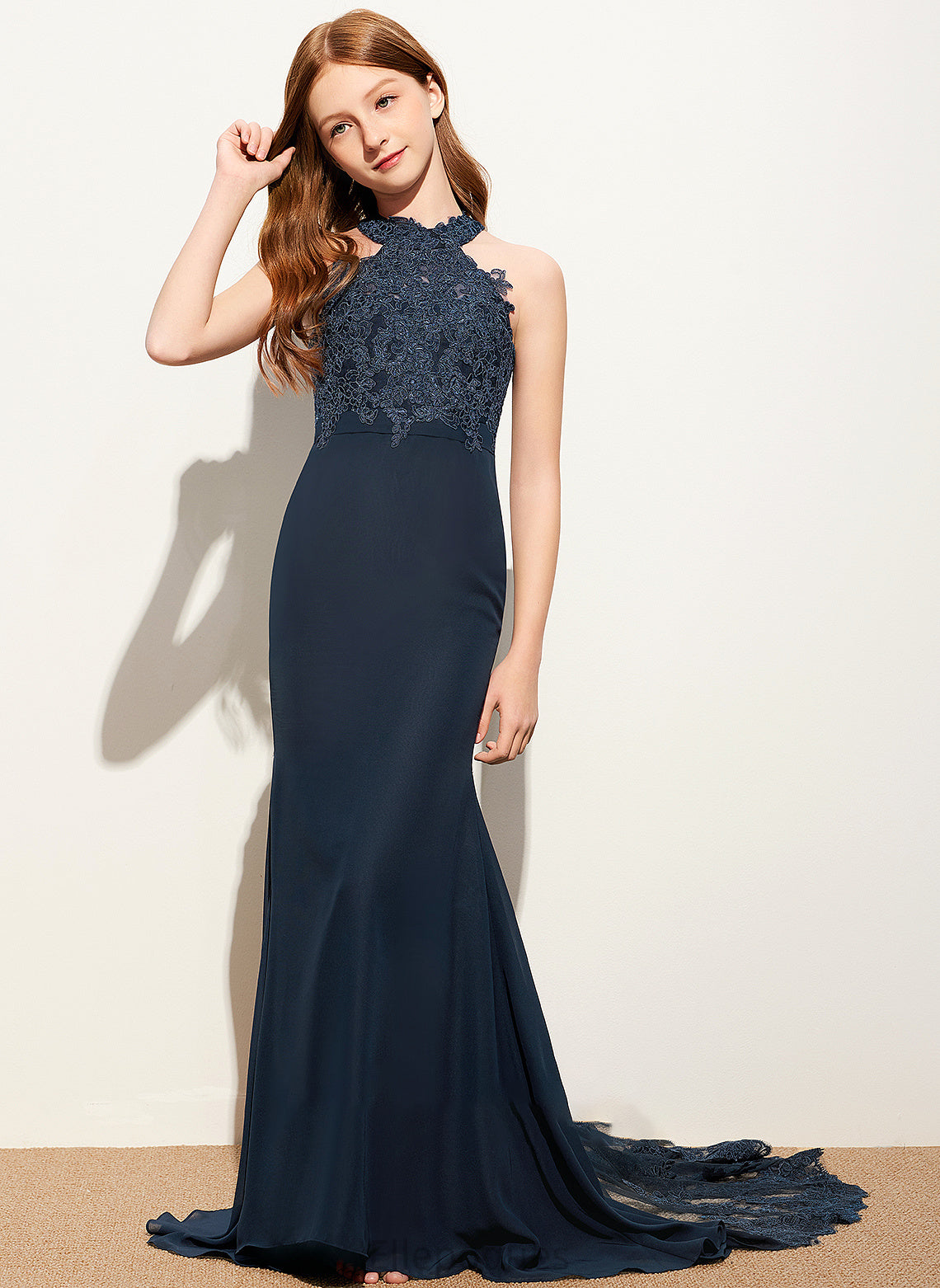 Scoop Chiffon Neck Sweep Train Trumpet/Mermaid Junior Bridesmaid Dresses Lace Abagail