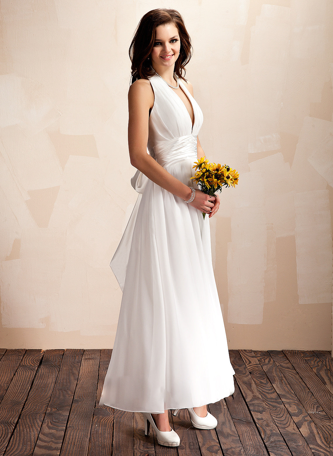 A-Line Wedding Dresses Ruffle Halter Chiffon With Wedding Haley Ankle-Length Dress Bow(s)