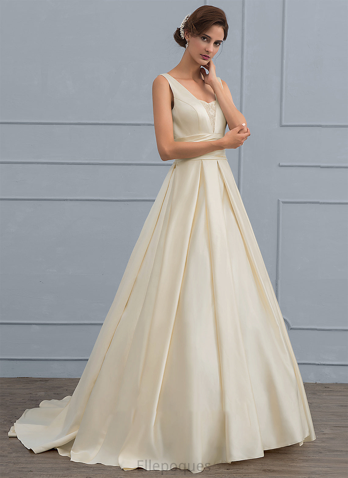 V-neck Angela Wedding Train Dress With Satin Sweep Lace Wedding Dresses Ball-Gown/Princess