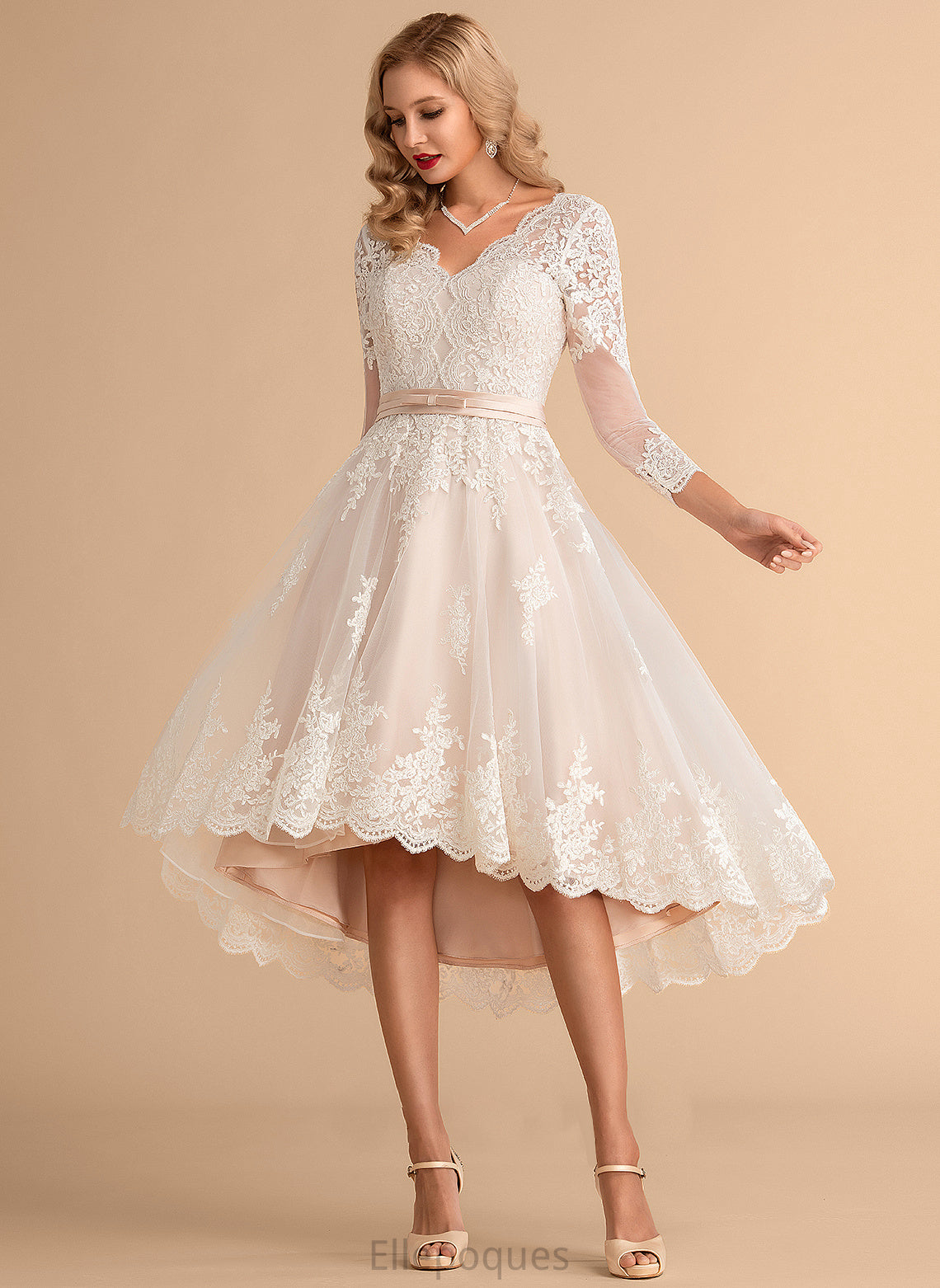 Wedding Dresses Wedding Lace A-Line Tulle V-neck Satin Dress Asymmetrical Neveah