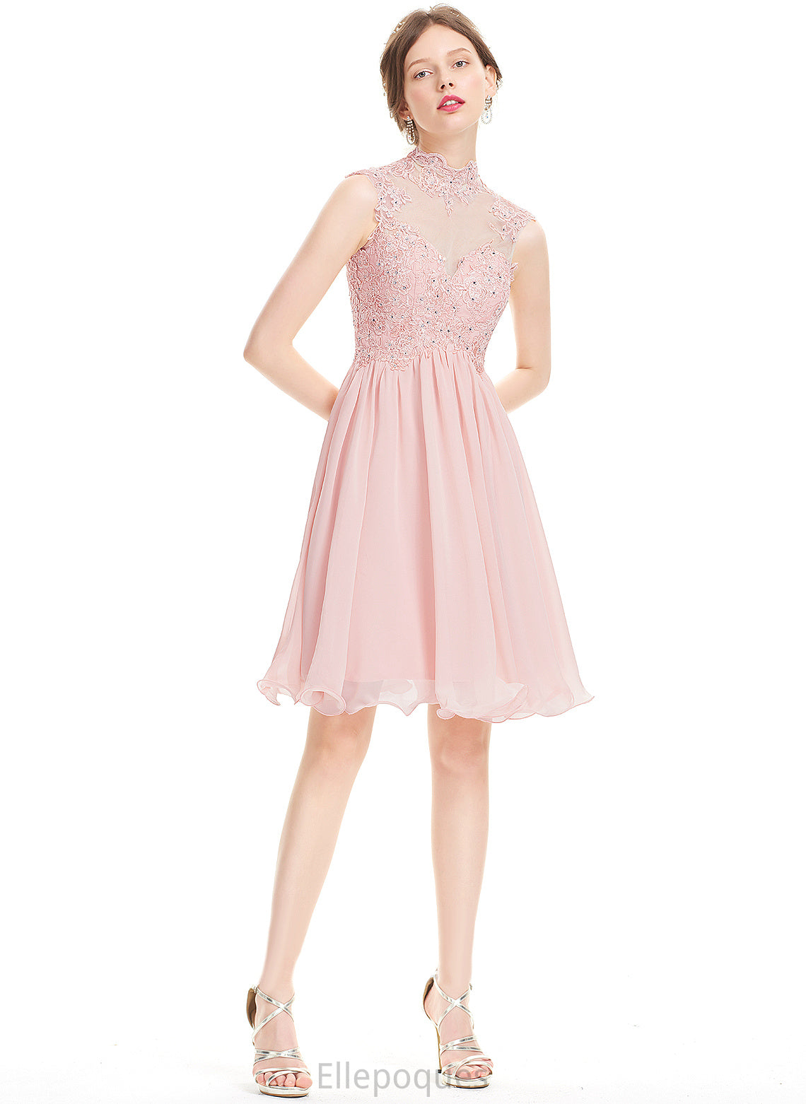 Beading Chiffon Liliana Homecoming Dresses Lace Dress With A-Line High Neck Knee-Length Homecoming