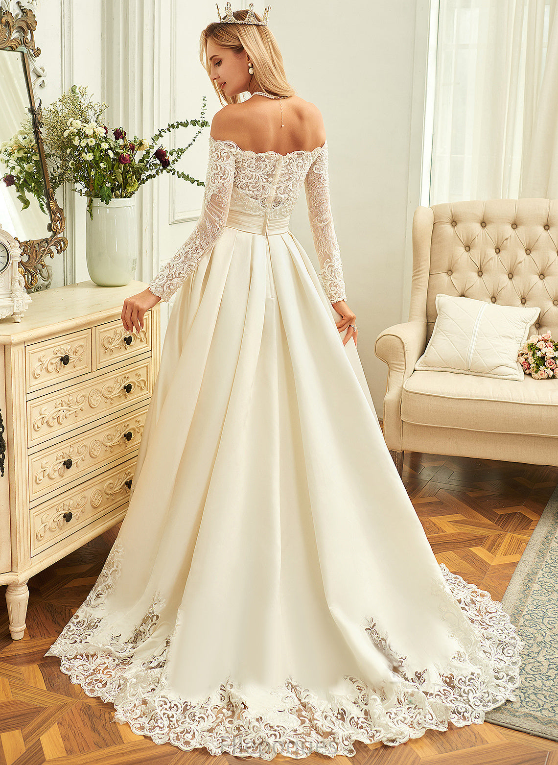 Wedding Jayden With Beading Sequins Wedding Dresses Lace Satin Sweep Train Dress Off-the-Shoulder Ball-Gown/Princess