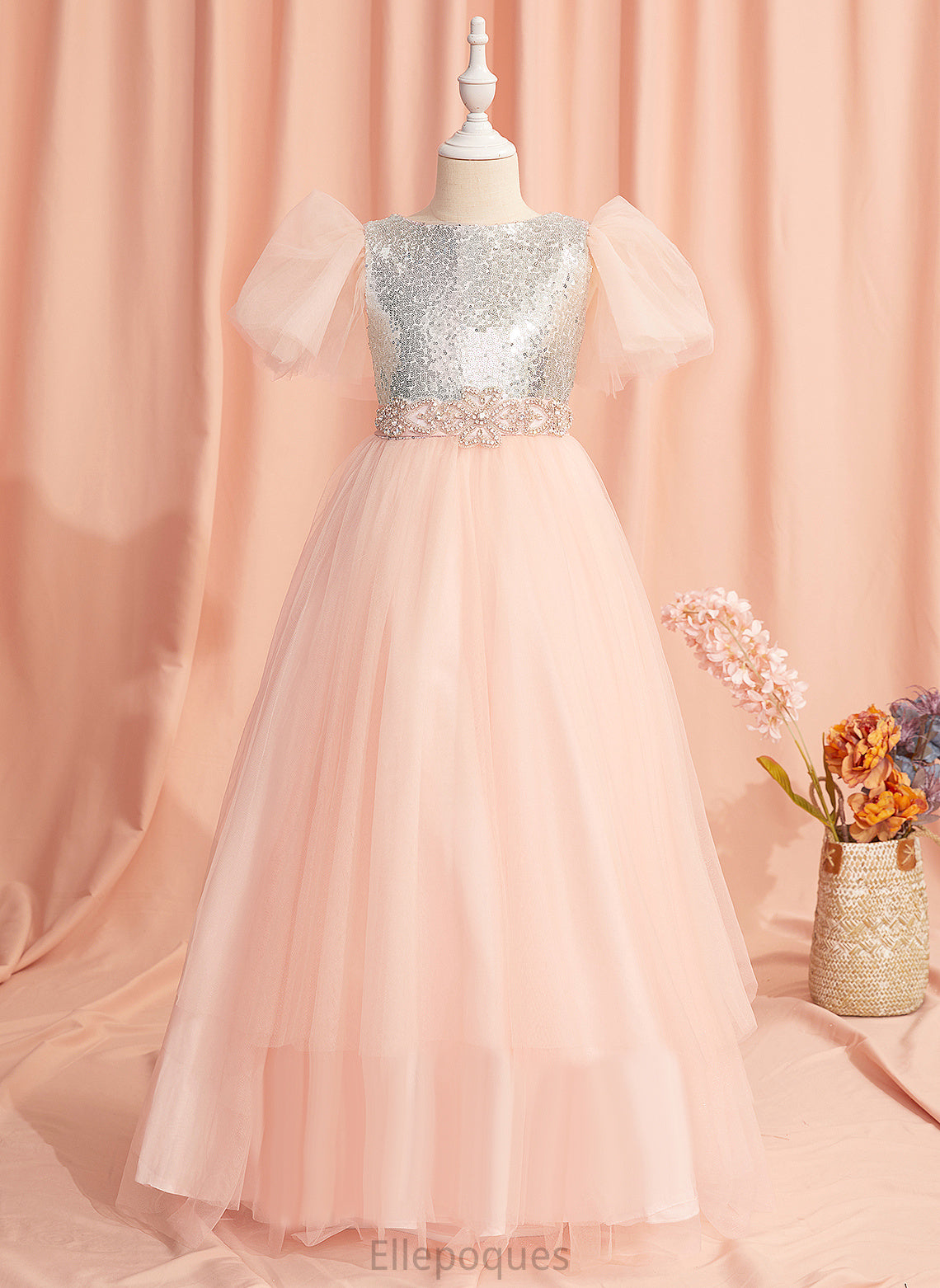 Ball-Gown/Princess Beading/Sequins/Bow(s) Tulle/Sequined Sleeves Neck Flower Floor-length Short With Scoop Girl Deja - Flower Girl Dresses Dress