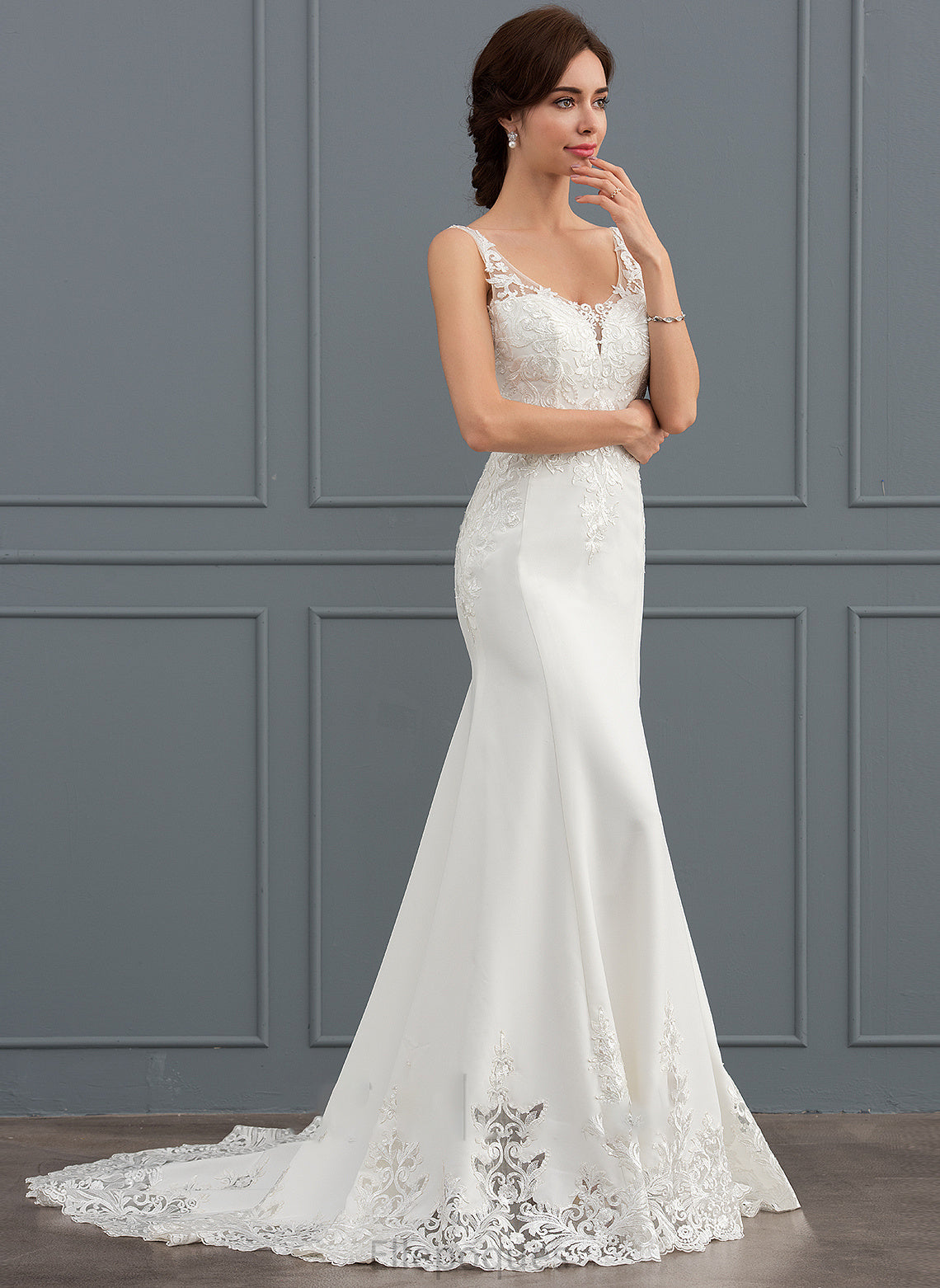 V-neck Court Vanessa Wedding Dresses Wedding Stretch Dress Train Sequins Crepe Trumpet/Mermaid With Lace