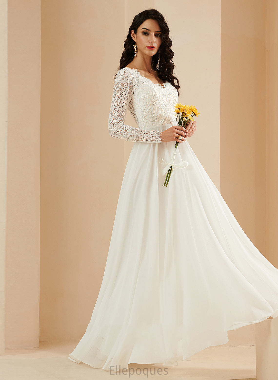 Wedding Dresses A-Line Selena Lace With Wedding Train Sweep V-neck Dress