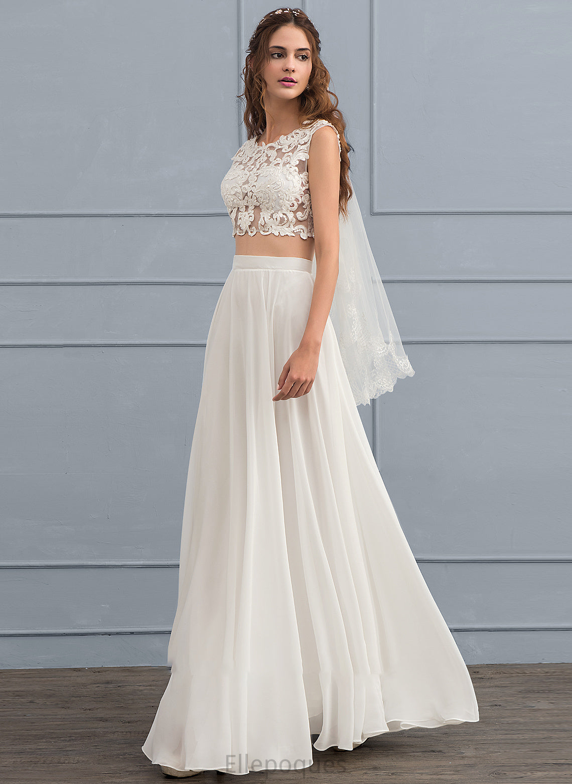 Nancy Floor-Length Scoop Dress Chiffon Wedding Dresses Neck Sequins Wedding A-Line With Beading