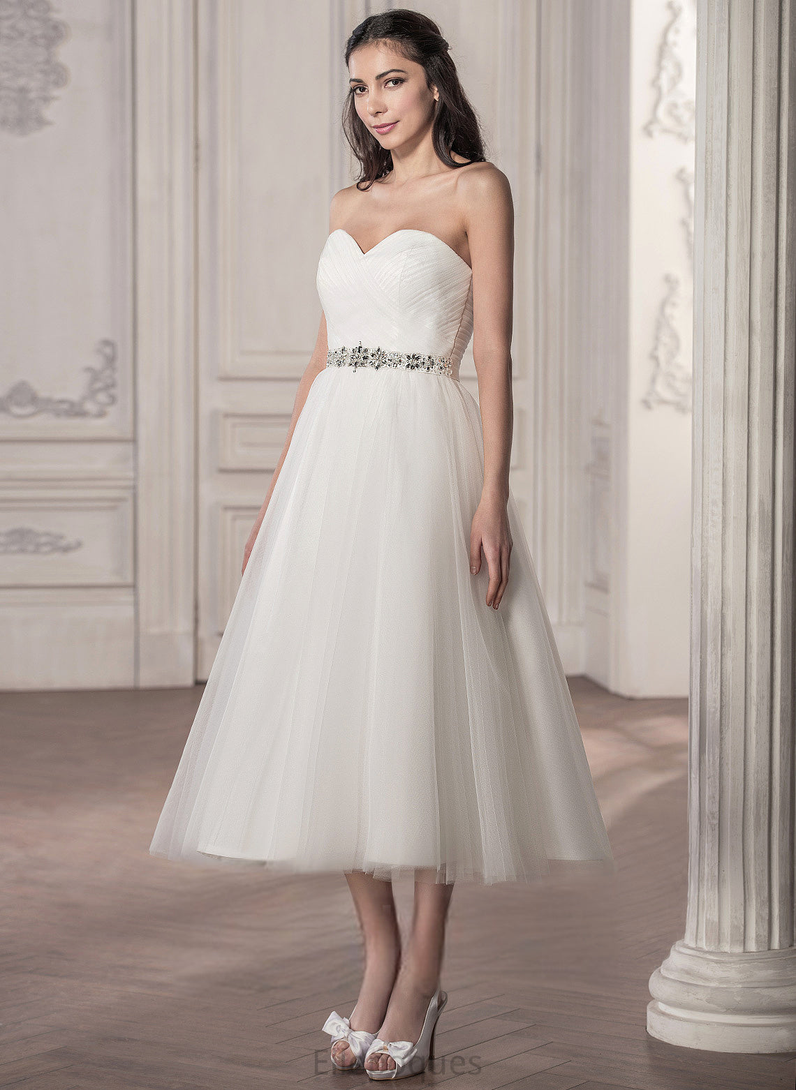 Tulle Sweetheart Satin Ruffle Wedding Wedding Dresses Tea-Length Dress With Sequins Amy A-Line Beading