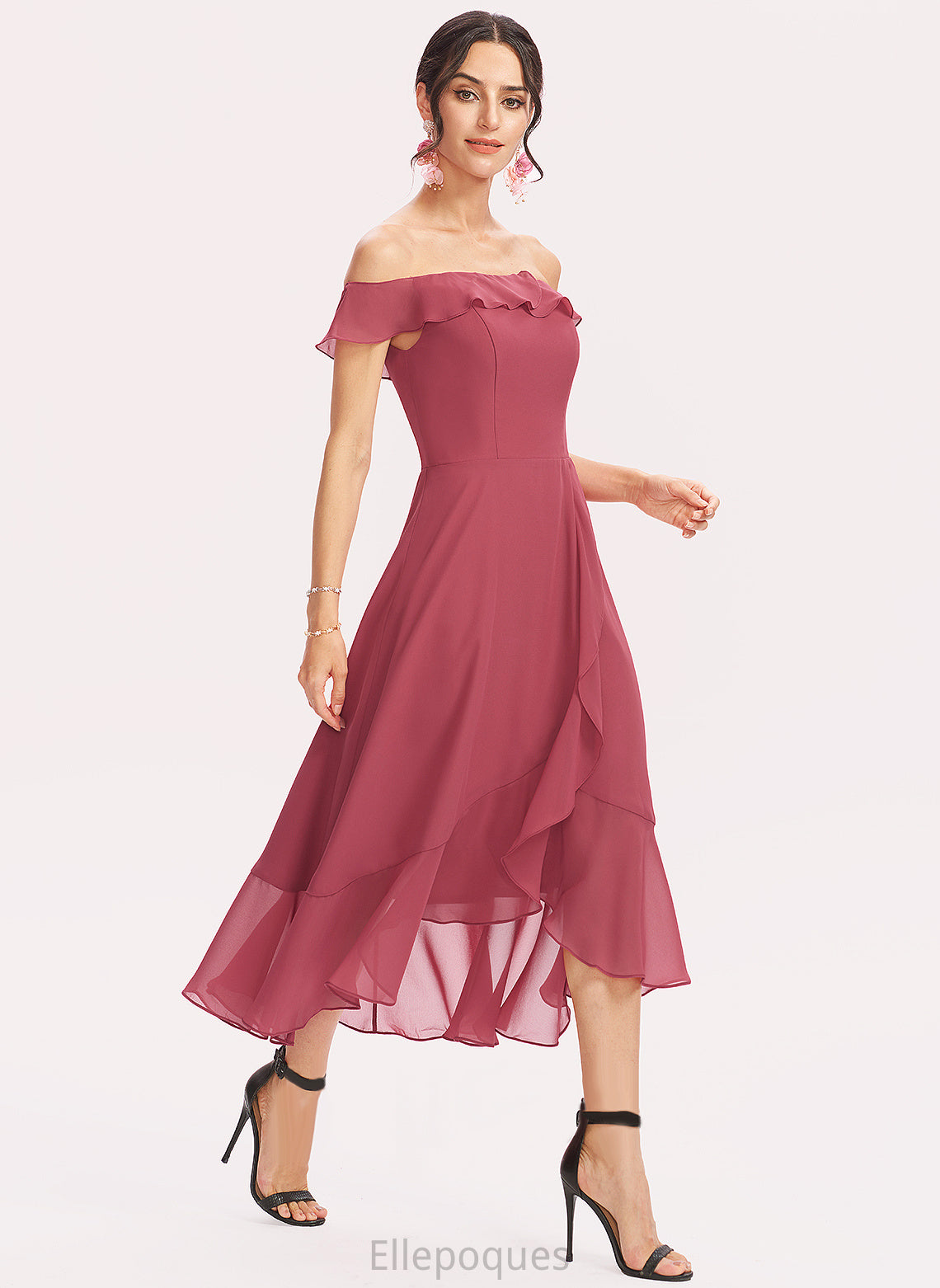 Length A-Line Off-the-Shoulder Tea-Length Fabric Embellishment Neckline Silhouette CascadingRuffles Ashleigh Spaghetti Staps Trumpet/Mermaid Bridesmaid Dresses