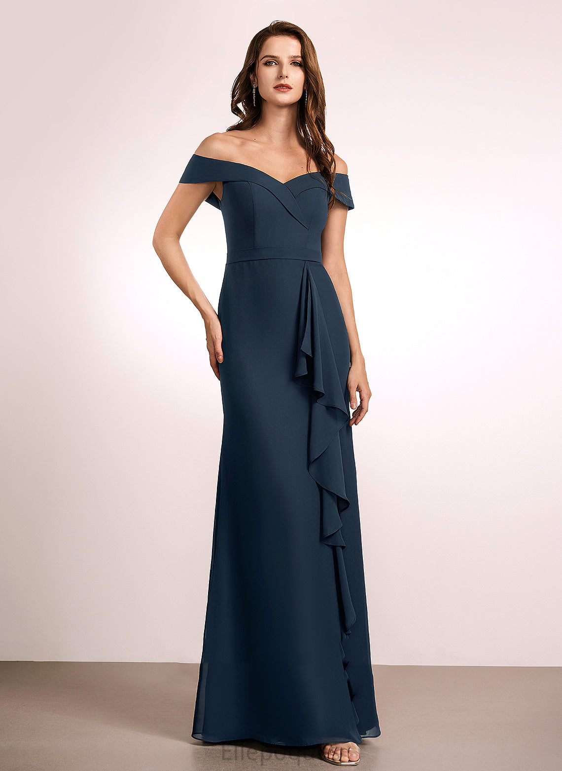 Embellishment Ruffle Neckline A-Line Off-the-Shoulder Fabric Floor-Length Silhouette Length Elisa Trumpet/Mermaid Velvet Bridesmaid Dresses