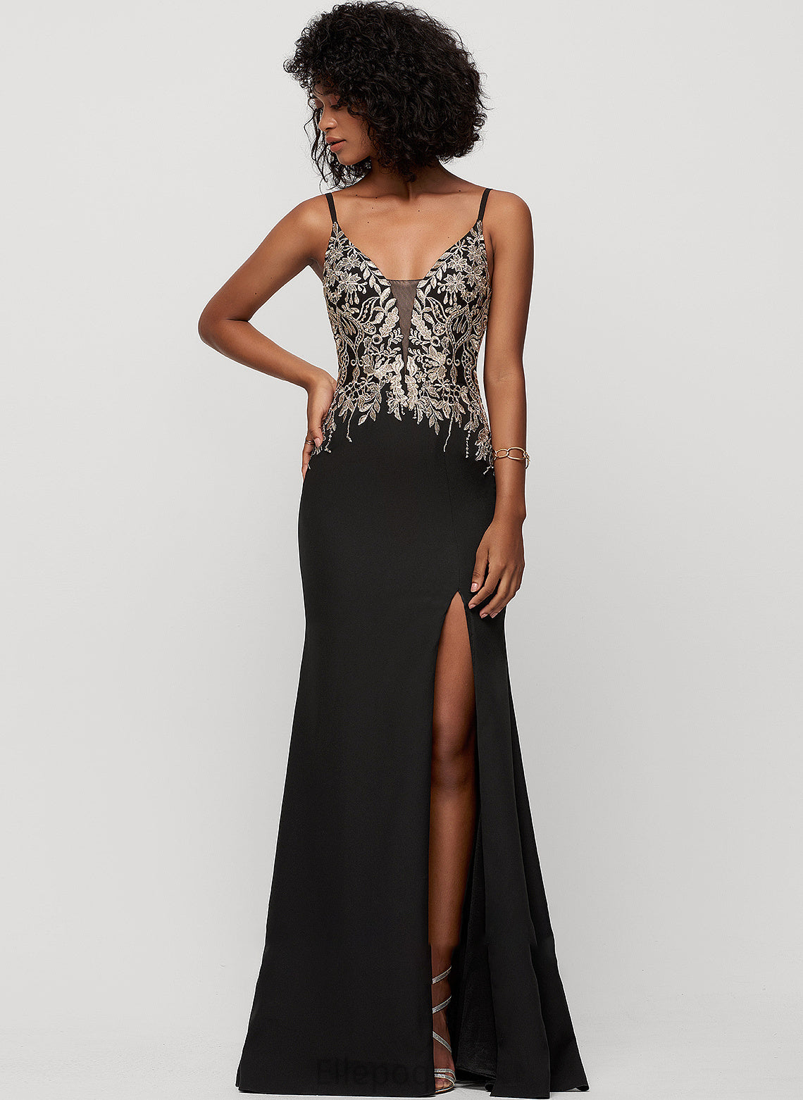 Crepe Trumpet/Mermaid Front With Floor-Length Stretch V-neck Split Sequins Prom Dresses Danika