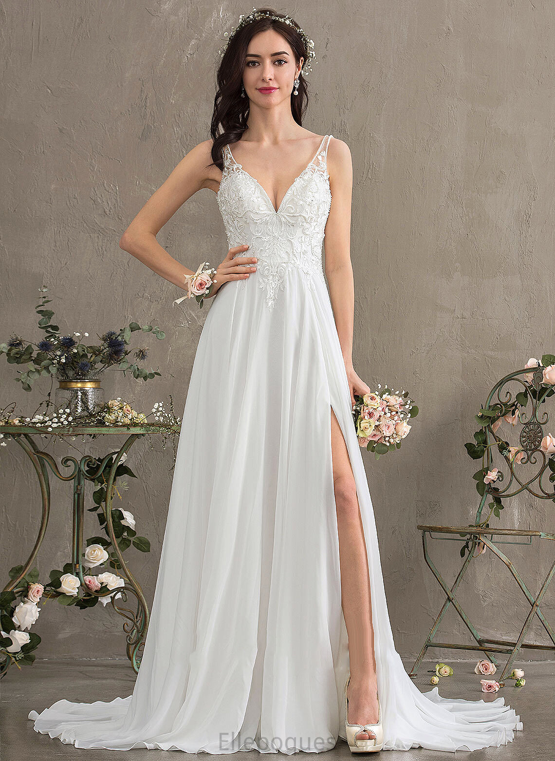 Front Wedding Dresses Chiffon Beading Sequins Aubree Split V-neck Dress With Sweep Wedding A-Line Train