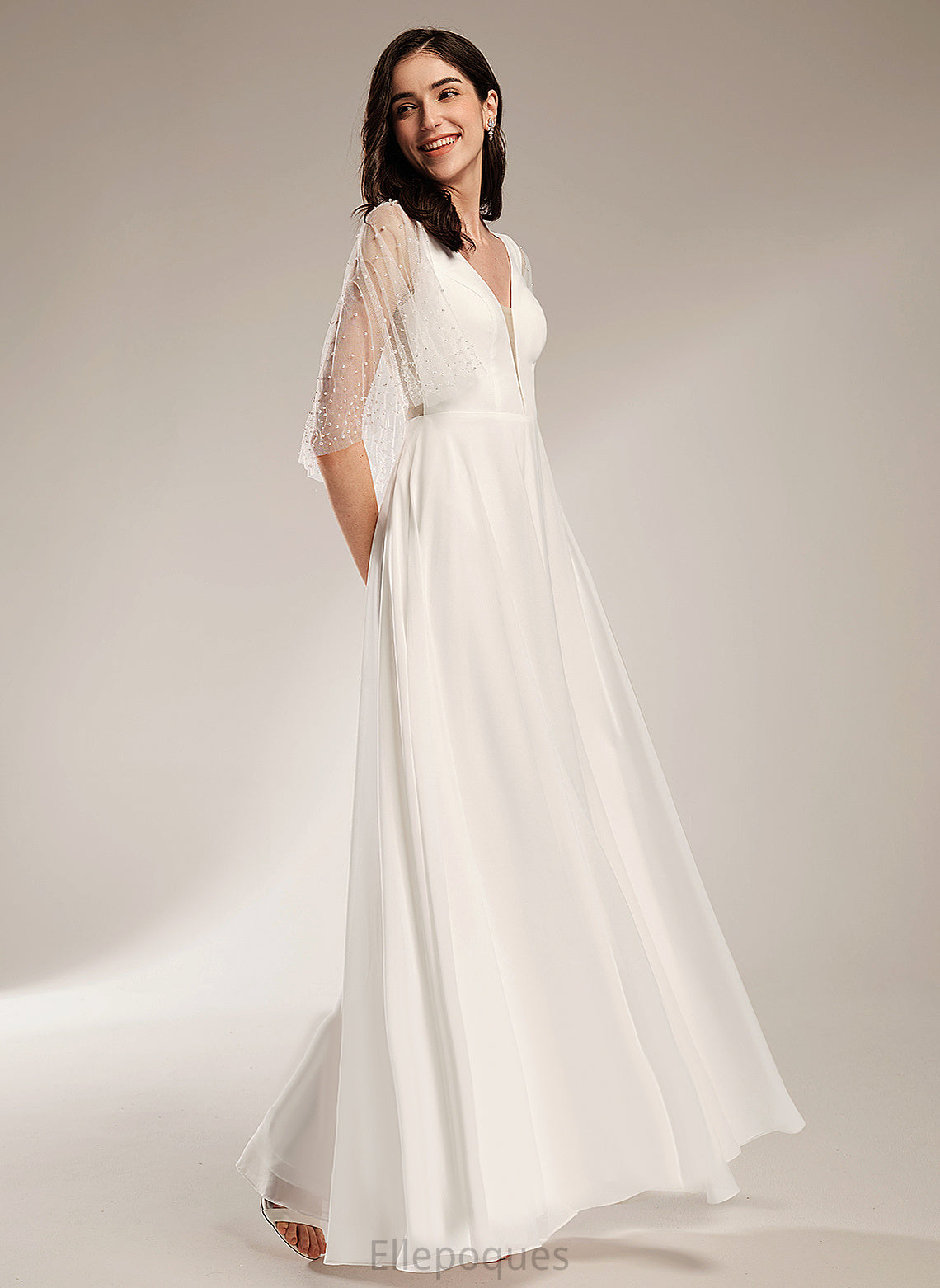 V-neck Floor-Length Wedding A-Line Dress Iyana Wedding Dresses Beading With Chiffon