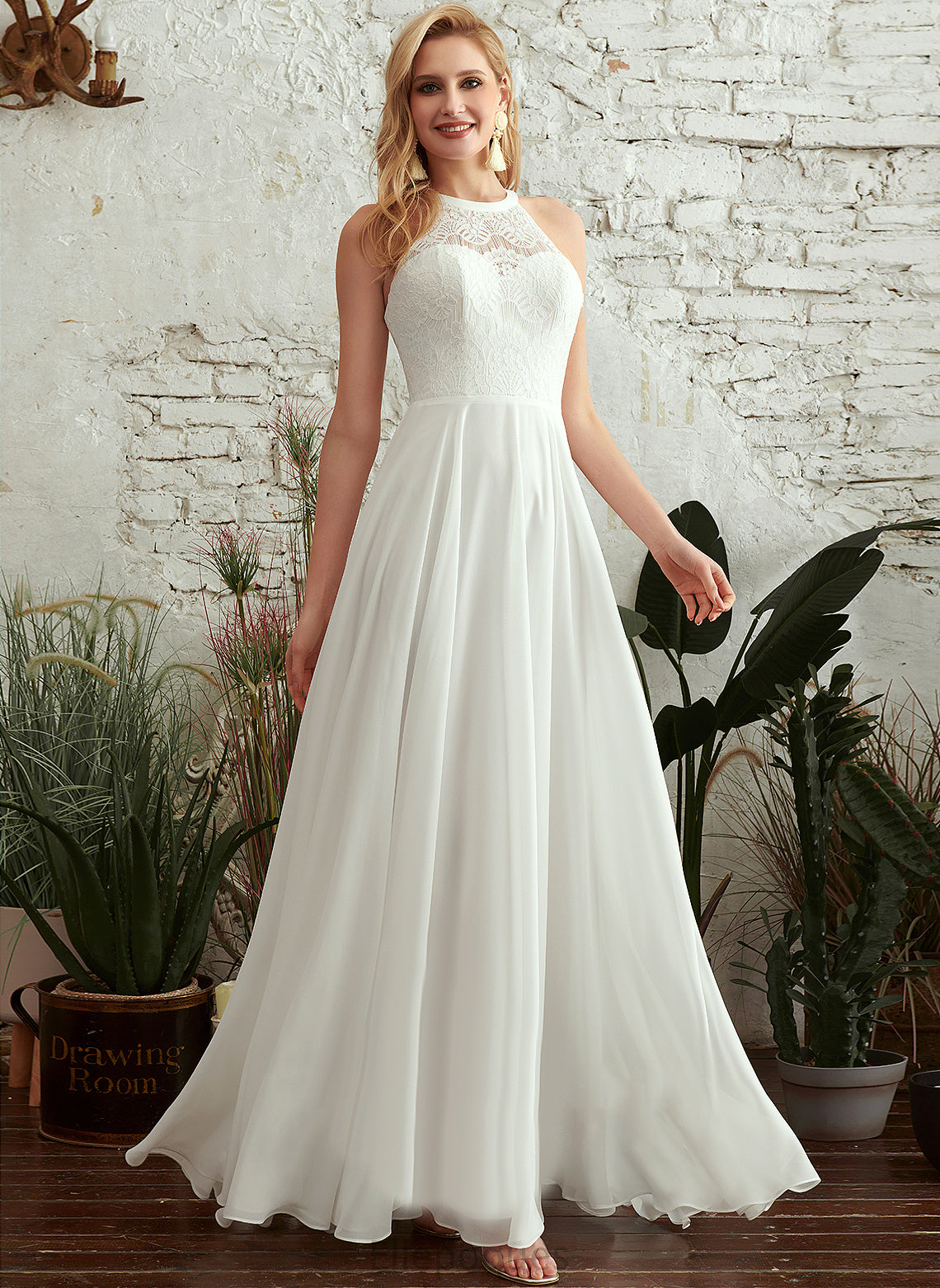 Ashtyn Floor-Length A-Line Wedding Dresses Wedding Lace Scoop Dress Chiffon