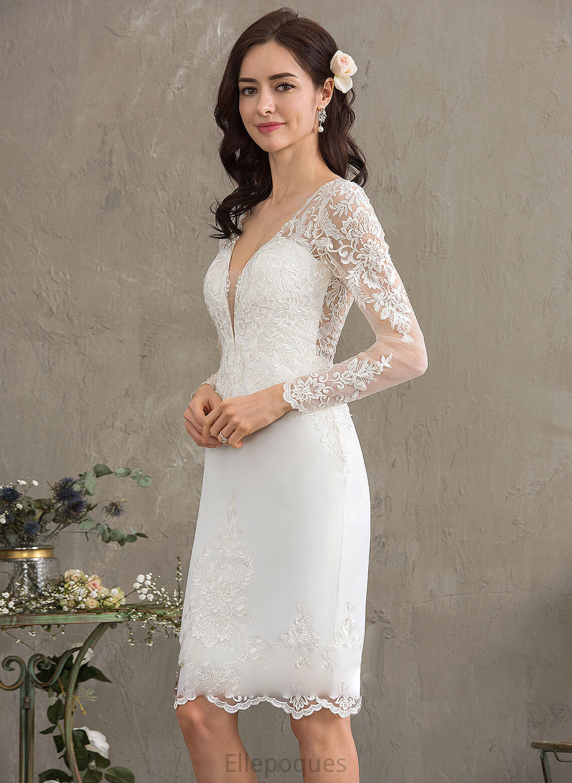 Wedding Crepe Knee-Length Stretch Dress Wedding Dresses Minnie Sheath/Column V-neck