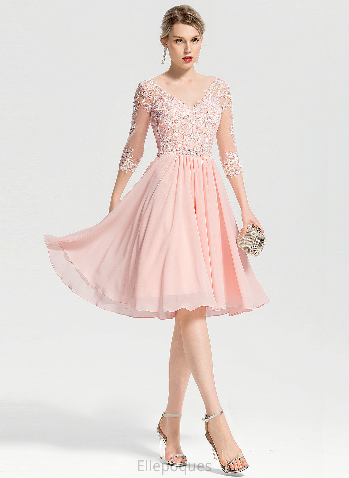 Wedding Chiffon A-Line Lace Knee-Length Dress V-neck Wedding Dresses With Hana Beading